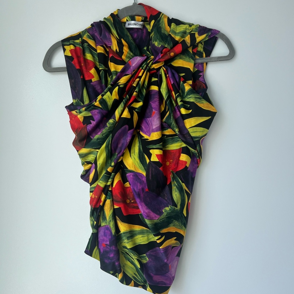 Balenciaga SS18 Multicolor Floral Jersey Sleeveless Top